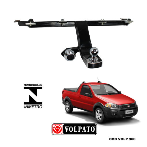 ENGATE FIAT STRADA 2003 A 2020 VOLPATO + BOLA CROMADA + TOMADA CROMADA + CAPA INOX