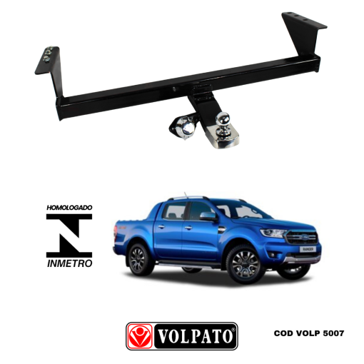 ENGATE FORD RANGER DIESEL 2022 ACIMA FIXO VOLPATO + BOLA CROMADA + TOMADA CROMADA + CAPA INOX