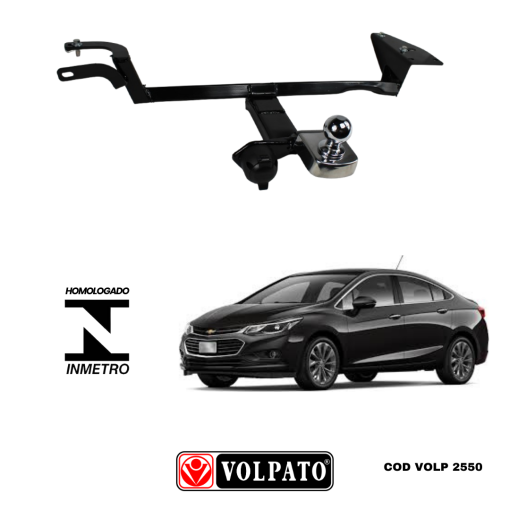 ENGATE GM-CHEVROLET CRUZE SEDAN 2017 ACIMA FIXO VOLPATO + BOLA CROMADA + TOMADA ORIGINAL + CAPA INOX